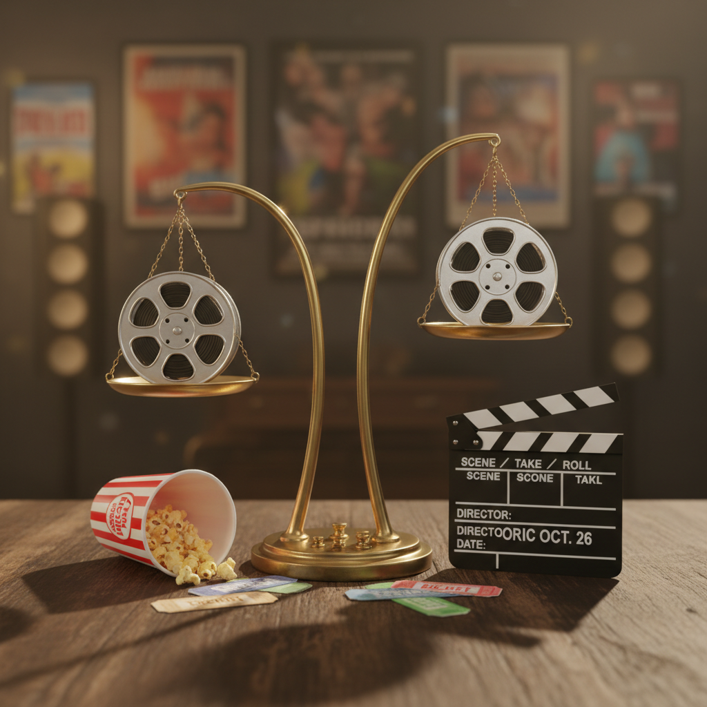 A polished brass balance scale with elegantly curved arms, each plate holding a classic silver film reel, perfectly level, standing on a dark wooden critic’s desk. Around it lie scattered glossy movie tickets, a retro striped popcorn tub tipped on its side, and a clapperboard propped upright. Soft, warm studio lighting from the upper left creates gentle highlights on the metal surfaces and subtle shadows on the desk, evoking a playful yet thoughtful mood. Captured at eye level in photographic realism with a shallow depth of field, the background fades into a bokeh of blurred movie posters, suggesting a cozy home theater environment and the site’s theme of weighing in on films.